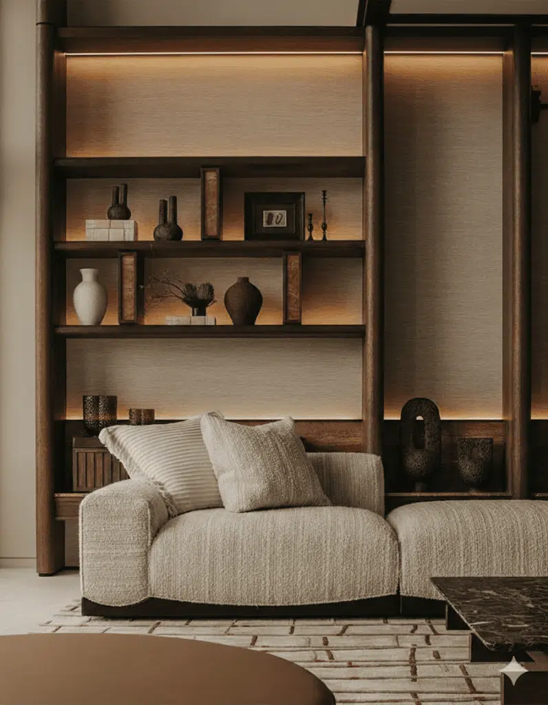 salon avec des étagères éclairées en fond