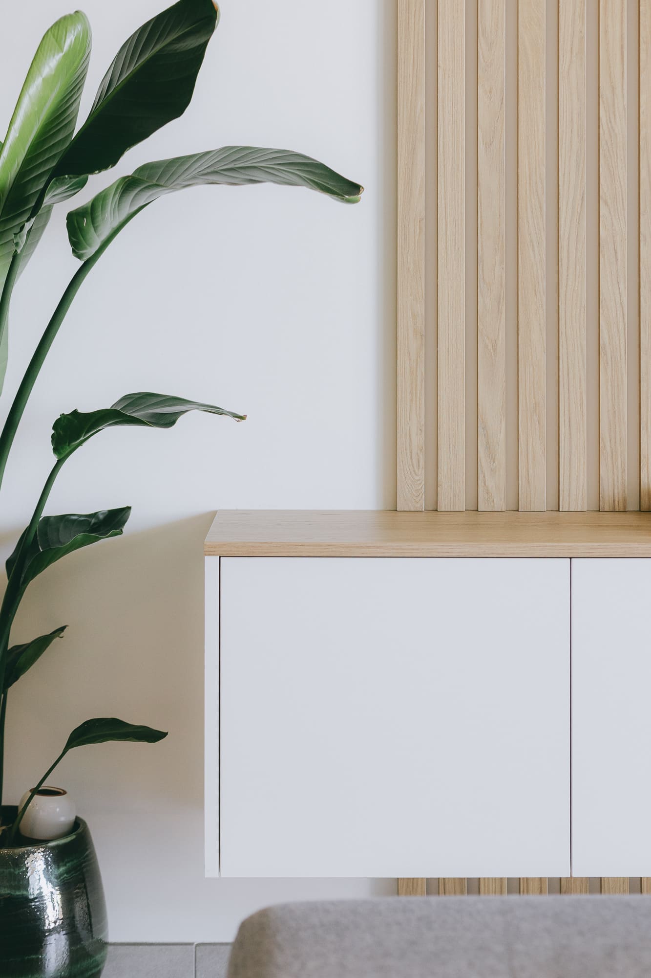 Gros plan sur le meuble de salon blanc et bois avec plante d'intérieur, projet Orion à Montpellier