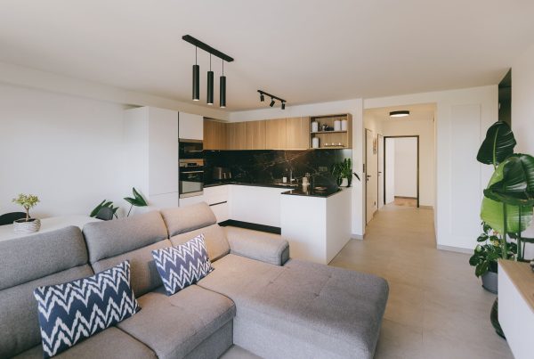 Vue d'ensemble du salon lumineux et de la cuisine ouverte avec îlot central, projet Orion