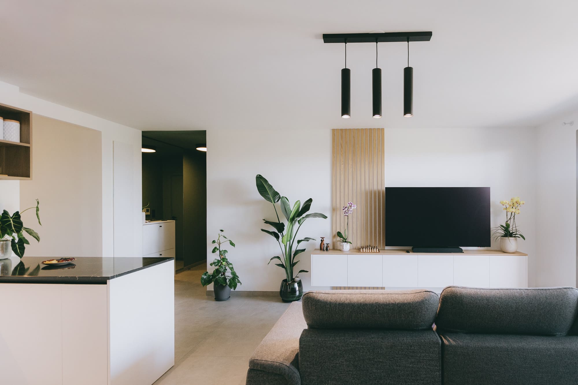 Espace salon moderne avec canapé gris et meuble TV suspendu, aménagement intérieur à Port Marianne
